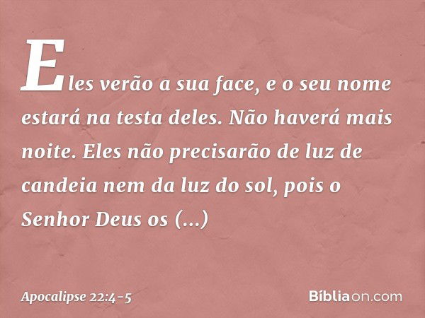 Eles verão a sua face, e o seu nome estará na testa deles. Não haverá mais noite. Eles não precisarão de luz de candeia nem da luz do sol, pois o Senhor Deus os