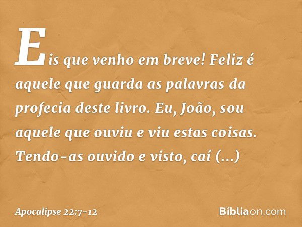 "Eis que venho em breve! Feliz é aquele que guarda as palavras da profecia deste livro". Eu, João, sou aquele que ouviu e viu estas coisas. Tendo-as ouvido e vi