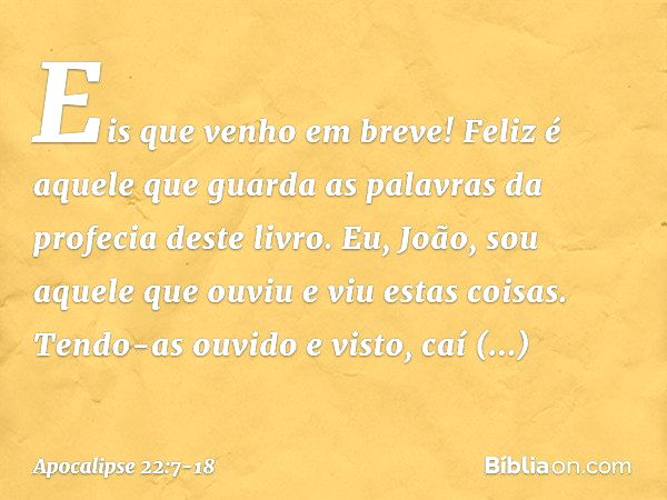 "Eis que venho em breve! Feliz é aquele que guarda as palavras da profecia deste livro". Eu, João, sou aquele que ouviu e viu estas coisas. Tendo-as ouvido e vi