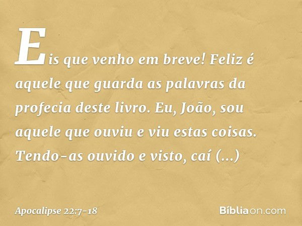 "Eis que venho em breve! Feliz é aquele que guarda as palavras da profecia deste livro". Eu, João, sou aquele que ouviu e viu estas coisas. Tendo-as ouvido e vi