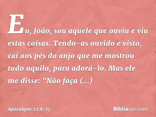 Eu, João, sou aquele que ouviu e viu estas coisas. Tendo-as ouvido e visto, caí aos pés do anjo que me mostrou tudo aquilo, para adorá-lo. Mas ele me disse: "Nã