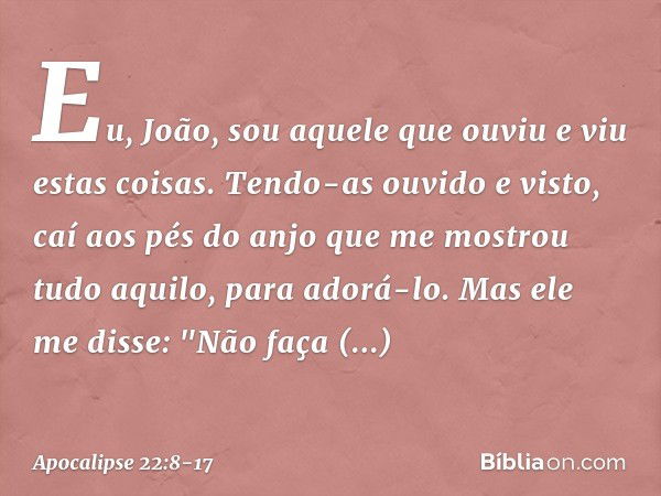 Eu, João, sou aquele que ouviu e viu estas coisas. Tendo-as ouvido e visto, caí aos pés do anjo que me mostrou tudo aquilo, para adorá-lo. Mas ele me disse: "Nã