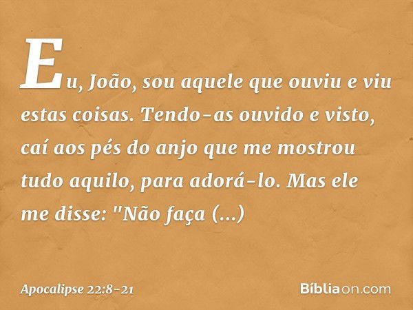 Eu, João, sou aquele que ouviu e viu estas coisas. Tendo-as ouvido e visto, caí aos pés do anjo que me mostrou tudo aquilo, para adorá-lo. Mas ele me disse: "Nã