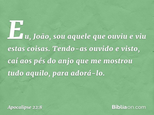 Eu, João, sou aquele que ouviu e viu estas coisas. Tendo-as ouvido e visto, caí aos pés do anjo que me mostrou tudo aquilo, para adorá-lo. -- Apocalipse 22:8