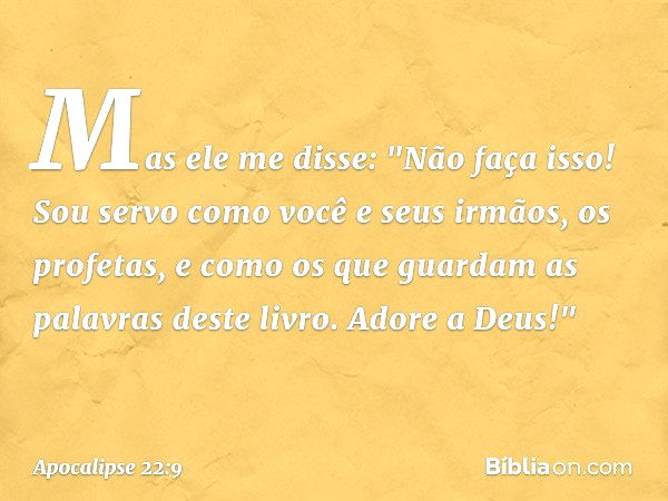 Mas ele me disse: "Não faça isso! Sou servo como você e seus irmãos, os profetas, e como os que guardam as palavras deste livro. Adore a Deus!" -- Apocalipse 22