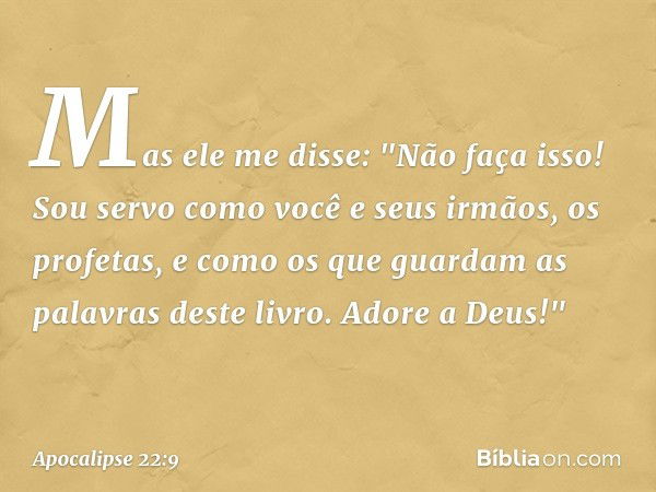 Mas ele me disse: "Não faça isso! Sou servo como você e seus irmãos, os profetas, e como os que guardam as palavras deste livro. Adore a Deus!" -- Apocalipse 22