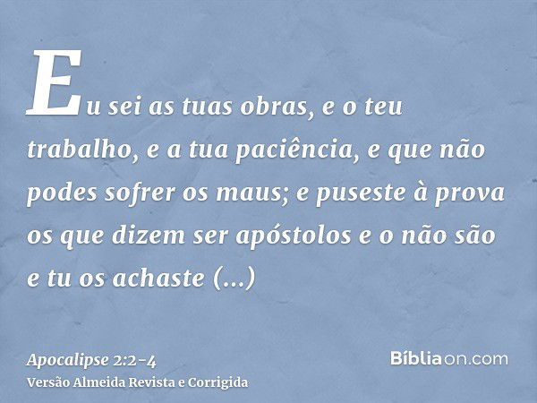 Eu sei as tuas obras, e o teu trabalho, e a tua paciência, e que não podes sofrer os maus; e puseste à prova os que dizem ser apóstolos e o não são e tu os acha