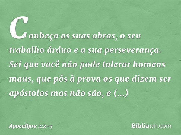 Conheço as suas obras, o seu trabalho árduo e a sua perseverança. Sei que você não pode tolerar homens maus, que pôs à prova os que dizem ser apóstolos mas não 