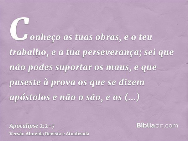 Conheço as tuas obras, e o teu trabalho, e a tua perseverança; sei que não podes suportar os maus, e que puseste à prova os que se dizem apóstolos e não o são, 