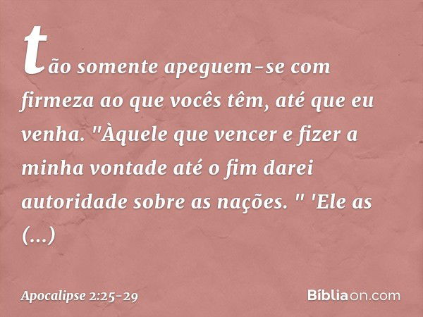 tão somente apeguem-se com firmeza ao que vocês têm, até que eu venha. "Àquele que vencer e fizer a minha vontade até o fim darei autoridade sobre as nações. " 