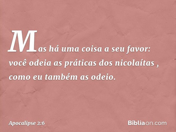 Mas há uma coisa a seu favor: você odeia as práticas dos nicolaítas , como eu também as odeio. -- Apocalipse 2:6