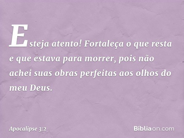 Esteja atento! Fortaleça o que resta e que estava para morrer, pois não achei suas obras perfeitas aos olhos do meu Deus. -- Apocalipse 3:2