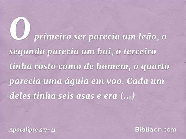 O primeiro ser parecia um leão, o segundo parecia um boi, o terceiro tinha rosto como de homem, o quarto parecia uma águia em voo. Cada um deles tinha seis asas