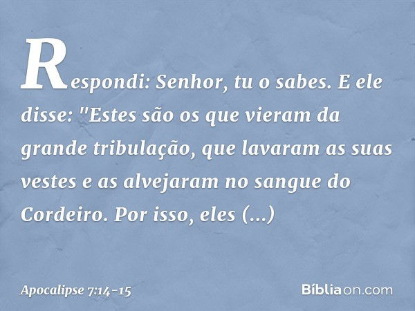 Respondi: Senhor, tu o sabes.
E ele disse: "Estes são os que vieram da grande tribulação, que lavaram as suas vestes e as alvejaram no sangue do Cordeiro. Por i