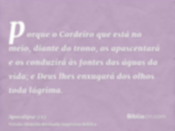 porque o Cordeiro que está no meio, diante do trono, os apascentará e os conduzirá às fontes das águas da vida; e Deus lhes enxugará dos olhos toda lágrima.