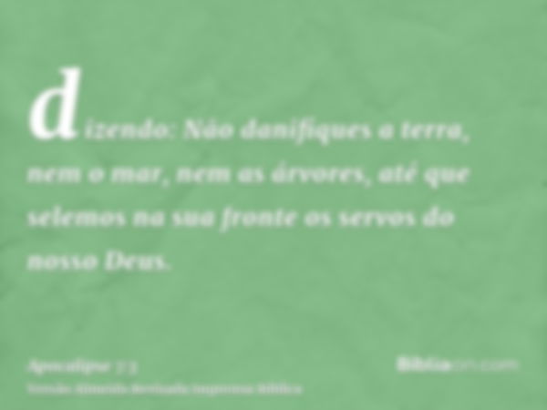 dizendo: Não danifiques a terra, nem o mar, nem as árvores, até que selemos na sua fronte os servos do nosso Deus.