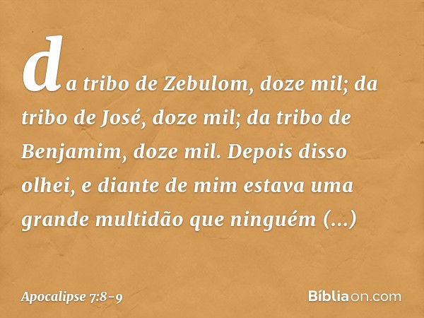 da tribo de Zebulom, doze mil;
da tribo de José, doze mil;
da tribo de Benjamim, doze mil. Depois disso olhei, e diante de mim estava uma grande multidão que ni