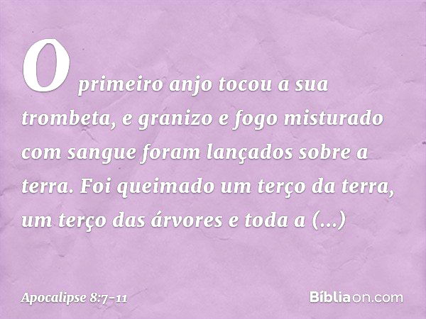 O primeiro anjo tocou a sua trombeta, e granizo e fogo misturado com sangue foram lançados sobre a terra. Foi queimado um terço da terra, um terço das árvores e