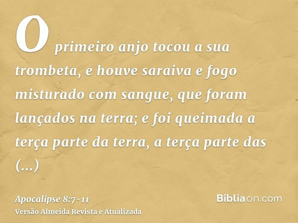 O primeiro anjo tocou a sua trombeta, e houve saraiva e fogo misturado com sangue, que foram lançados na terra; e foi queimada a terça parte da terra, a terça p