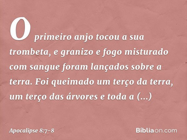 O primeiro anjo tocou a sua trombeta, e granizo e fogo misturado com sangue foram lançados sobre a terra. Foi queimado um terço da terra, um terço das árvores e