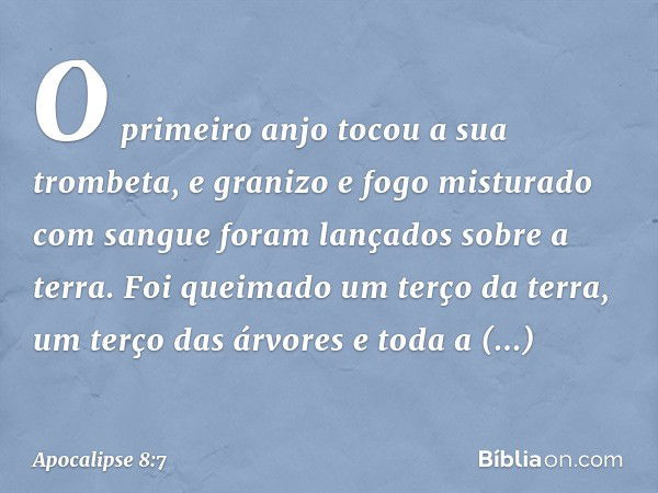 O primeiro anjo tocou a sua trombeta, e granizo e fogo misturado com sangue foram lançados sobre a terra. Foi queimado um terço da terra, um terço das árvores e