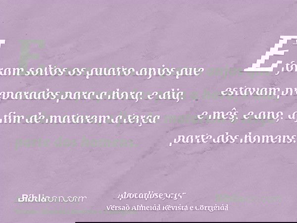 E foram soltos os quatro anjos que estavam preparados para a hora, e dia, e mês, e ano, a fim de matarem a terça parte dos homens.