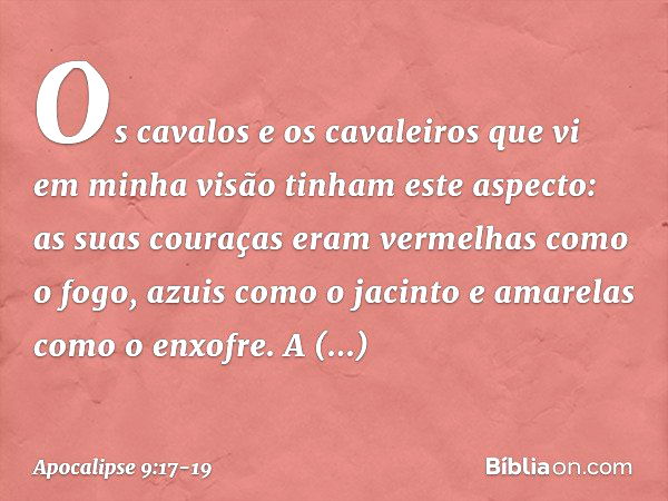 Os cavalos e os cavaleiros que vi em minha visão tinham este aspecto: as suas couraças eram vermelhas como o fogo, azuis como o jacinto e amarelas como o enxofr