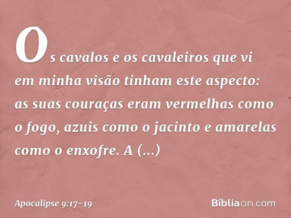 Os cavalos e os cavaleiros que vi em minha visão tinham este aspecto: as suas couraças eram vermelhas como o fogo, azuis como o jacinto e amarelas como o enxofr