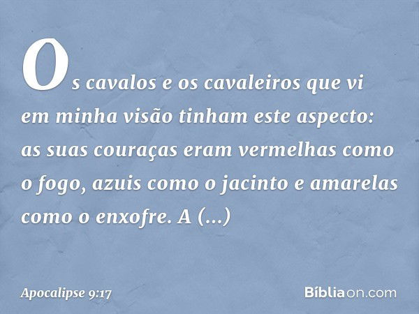 Os cavalos e os cavaleiros que vi em minha visão tinham este aspecto: as suas couraças eram vermelhas como o fogo, azuis como o jacinto e amarelas como o enxofr