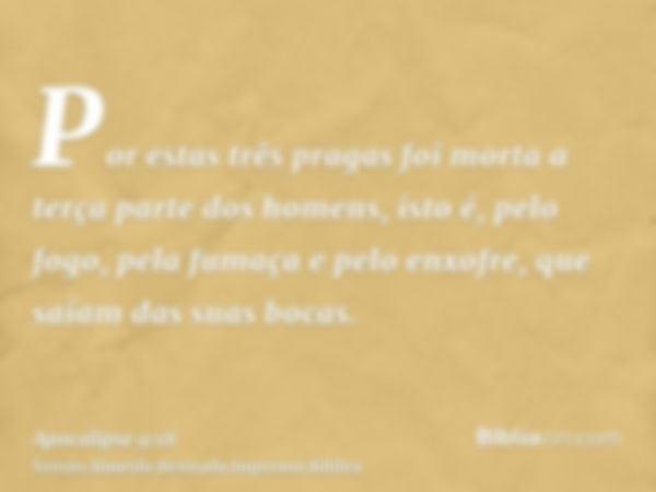 Por estas três pragas foi morta a terça parte dos homens, isto é, pelo fogo, pela fumaça e pelo enxofre, que saíam das suas bocas.