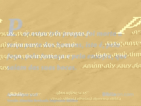 Por estas três pragas foi morta a terça parte dos homens, isto é, pelo fogo, pela fumaça e pelo enxofre, que saíam das suas bocas.
