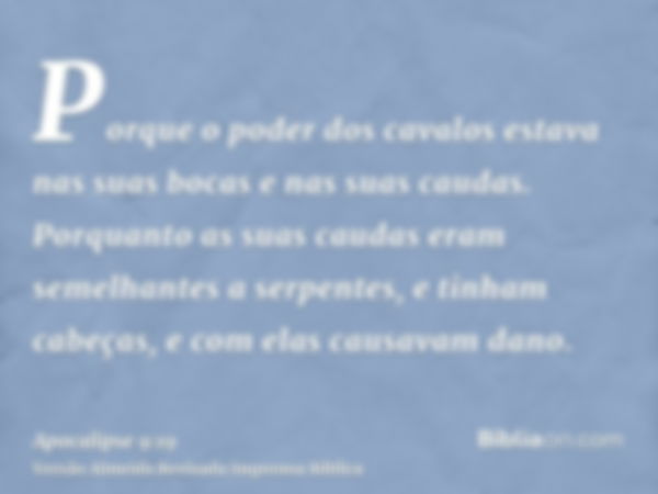 Porque o poder dos cavalos estava nas suas bocas e nas suas caudas. Porquanto as suas caudas eram semelhantes a serpentes, e tinham cabeças, e com elas causavam