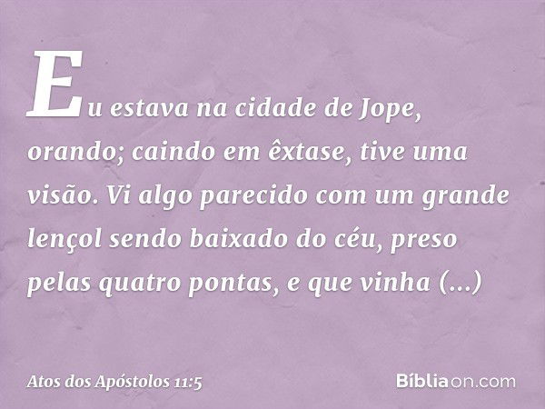 "Eu estava na cidade de Jope, orando; caindo em êxtase, tive uma visão. Vi algo parecido com um grande lençol sendo baixado do céu, preso pelas quatro pontas, e