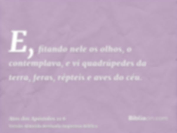 E, fitando nele os olhos, o contemplava, e vi quadrúpedes da terra, feras, répteis e aves do céu.