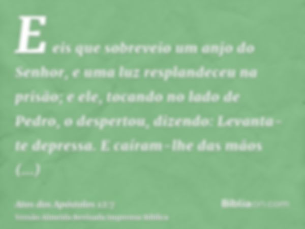 E eis que sobreveio um anjo do Senhor, e uma luz resplandeceu na prisão; e ele, tocando no lado de Pedro, o despertou, dizendo: Levanta-te depressa. E caíram-lh