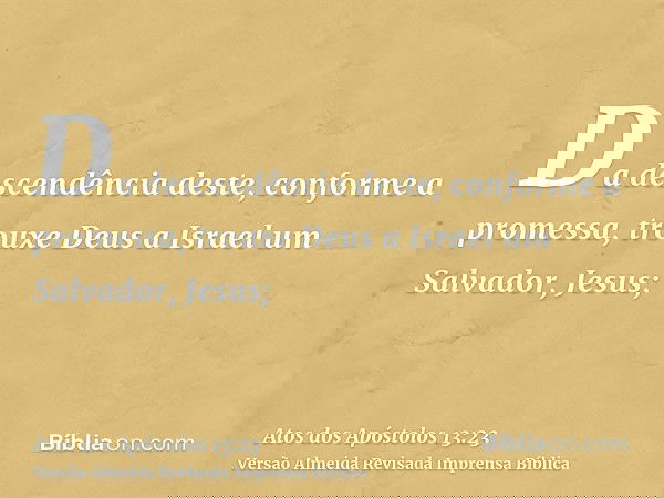 Da descendência deste, conforme a promessa, trouxe Deus a Israel um Salvador, Jesus;