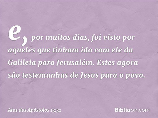 e, por muitos dias, foi visto por aqueles que tinham ido com ele da Galileia para Jerusalém. Estes agora são testemunhas de Jesus para o povo. -- Atos dos Apóst