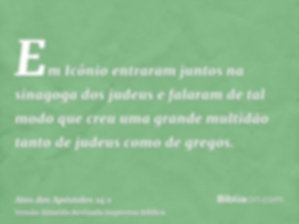 Em Icônio entraram juntos na sinagoga dos judeus e falaram de tal modo que creu uma grande multidão tanto de judeus como de gregos.