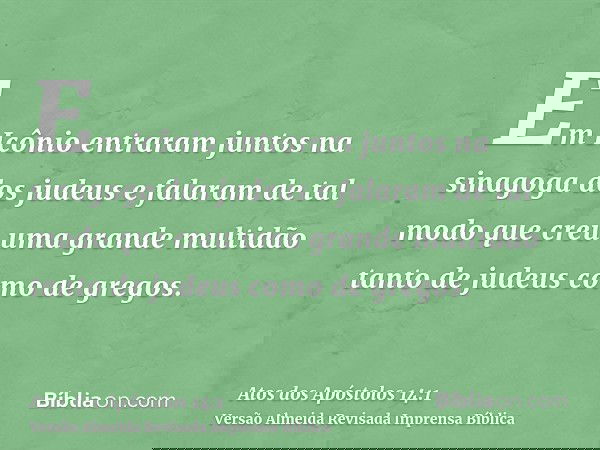Em Icônio entraram juntos na sinagoga dos judeus e falaram de tal modo que creu uma grande multidão tanto de judeus como de gregos.