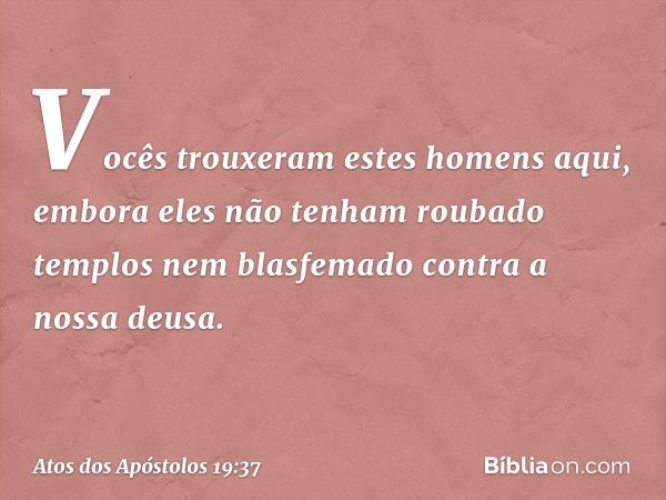 Vocês trouxeram estes homens aqui, embora eles não tenham roubado templos nem blasfemado contra a nossa deusa. -- Atos dos Apóstolos 19:37