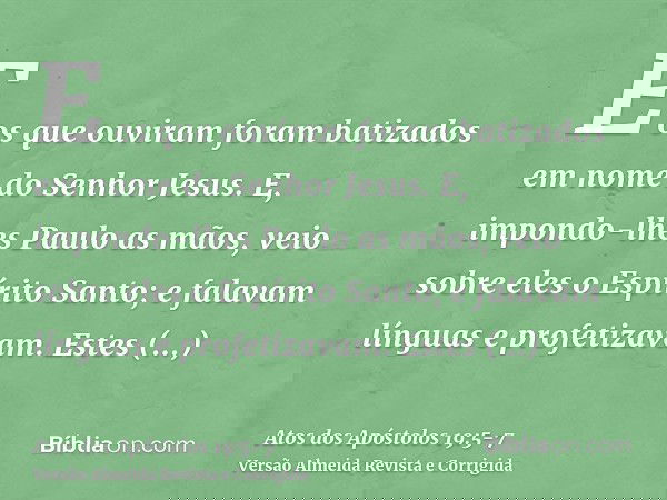 E os que ouviram foram batizados em nome do Senhor Jesus.E, impondo-lhes Paulo as mãos, veio sobre eles o Espírito Santo; e falavam línguas e profetizavam.Estes