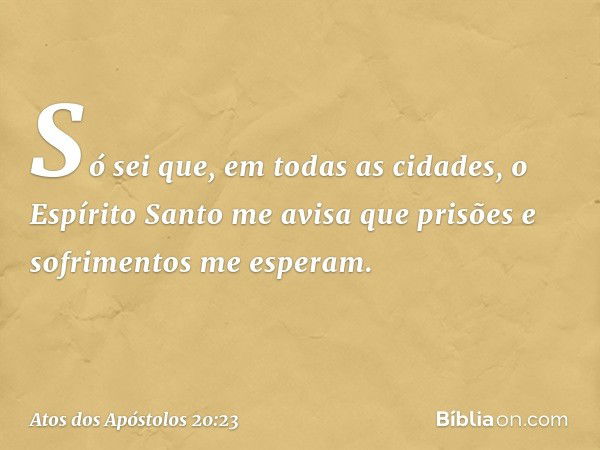 Só sei que, em todas as cidades, o Espírito Santo me avisa que prisões e sofrimentos me esperam. -- Atos dos Apóstolos 20:23