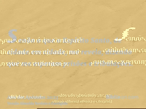 senão o que o Espírito Santo, de cidade em cidade, me revela, dizendo que me esperam prisões e tribulações.