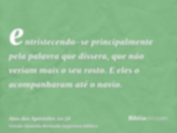 entristecendo-se principalmente pela palavra que dissera, que não veriam mais o seu rosto. E eles o acompanharam até o navio.