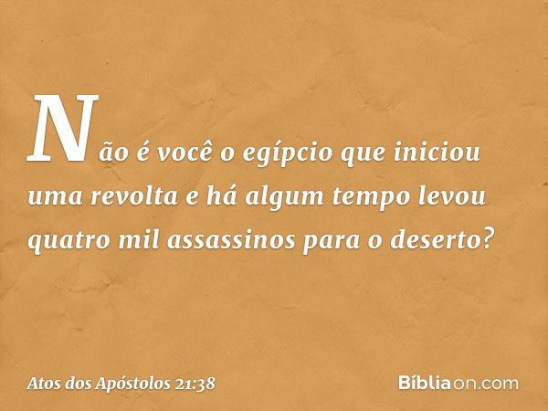 "Não é você o egípcio que iniciou uma revolta e há algum tempo levou quatro mil assassinos para o deserto?" -- Atos dos Apóstolos 21:38