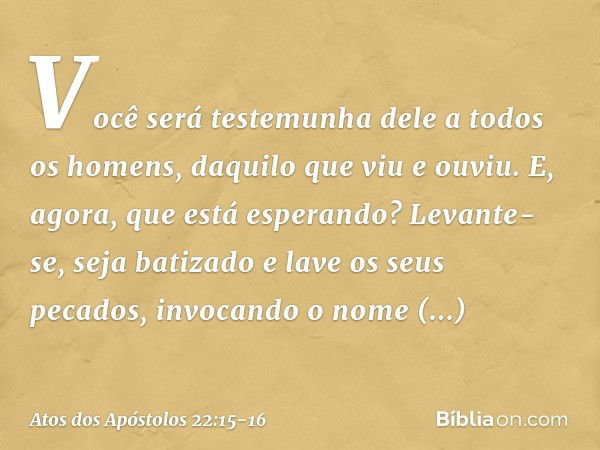 Você será testemunha dele a todos os homens, daquilo que viu e ouviu. E, agora, que está esperando? Levante-se, seja batizado e lave os seus pecados, invocando 