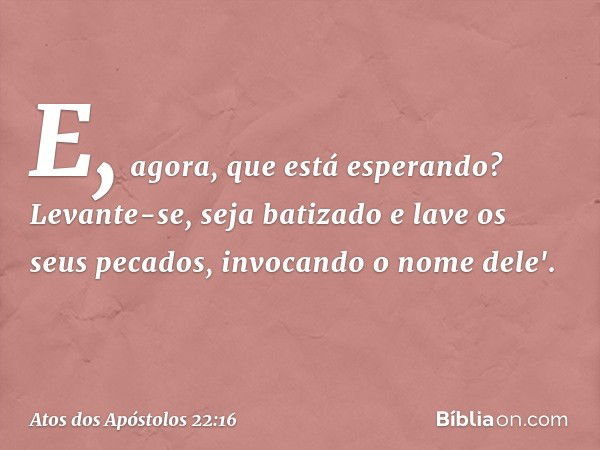 E, agora, que está esperando? Levante-se, seja batizado e lave os seus pecados, invocando o nome dele'. -- Atos dos Apóstolos 22:16