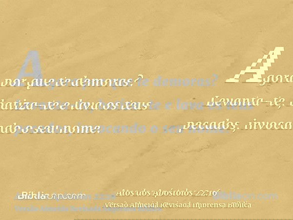 Agora por que te demoras? Levanta-te, batiza-te e lava os teus pecados, invocando o seu nome.