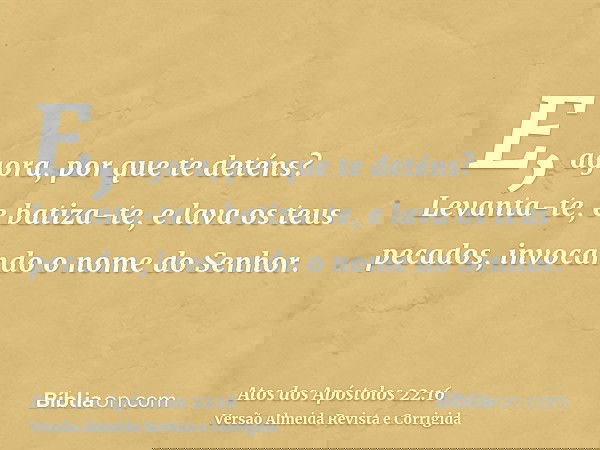 E, agora, por que te deténs? Levanta-te, e batiza-te, e lava os teus pecados, invocando o nome do Senhor.