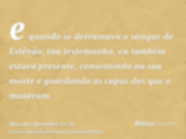 e quando se derramava o sangue de Estêvão, tua testemunha, eu também estava presente, consentindo na sua morte e guardando as capas dos que o matavam.